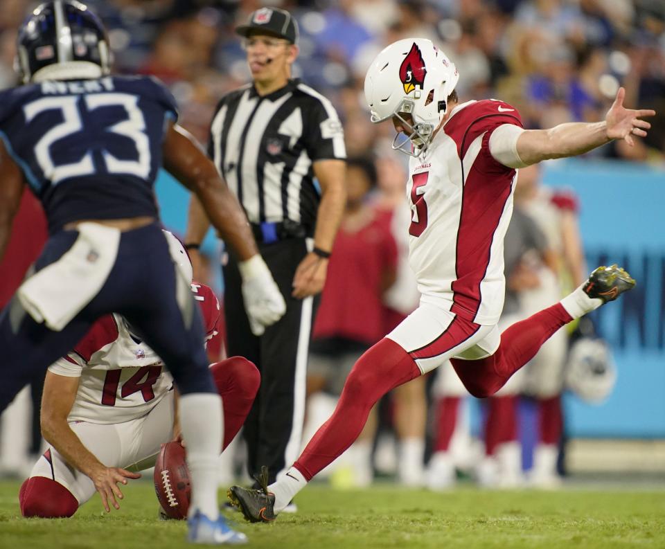 Arizona Cardinals place kicker Matt Prater (5) kicks a field goal against the Tennessee Titans during the fourth quarter of an NFL preseason game at Nissan Stadium Saturday, Aug. 27, 2022, in Nashville, Tenn. 