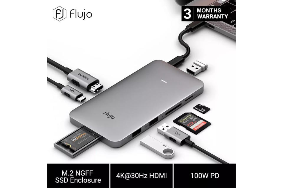 Flujo World First Multi-funtion Docking Station, Tool Free USB C to M.2 NGFF SSD Enclosure, 5Gbps Type C Adapter to 4K 30Hz HDMI, 100W PD, SD/TF Card Slots, USB 3.1 to NGFF SATA 3.0 M-Key B&M Key Hard Disk Case for 2230/2242/2260/2280. (Photo: Lazada SG)