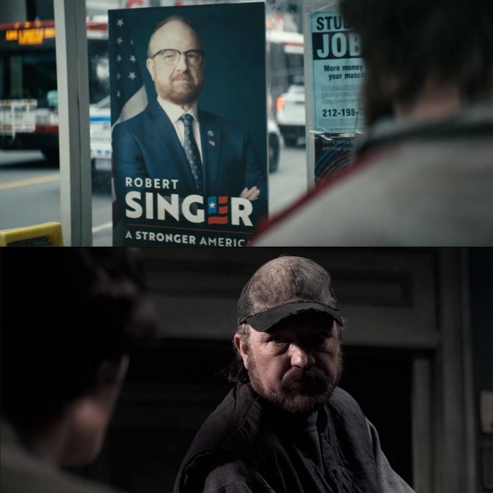 In the top image: A poster of Robert Singer in season three of "The Boys." In the bottom image: Jim Beaver as Bobby Singer in "Supernatural."