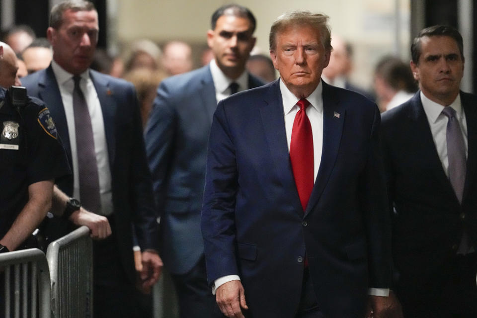 Former President Donald Trump arrives at Manhattan criminal court, Thursday, Feb. 15, 2024, in New York. Trump is expected to be back in a New York court Thursday for a hearing that could decide whether the former president’s first criminal trial begins in just 39 days. (AP Photo/Mary Altaffer)