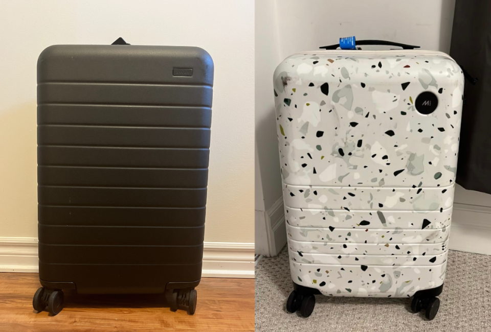 Black Away Carry-On (left) vs. Terrazzo white Monos Carry-On (right)