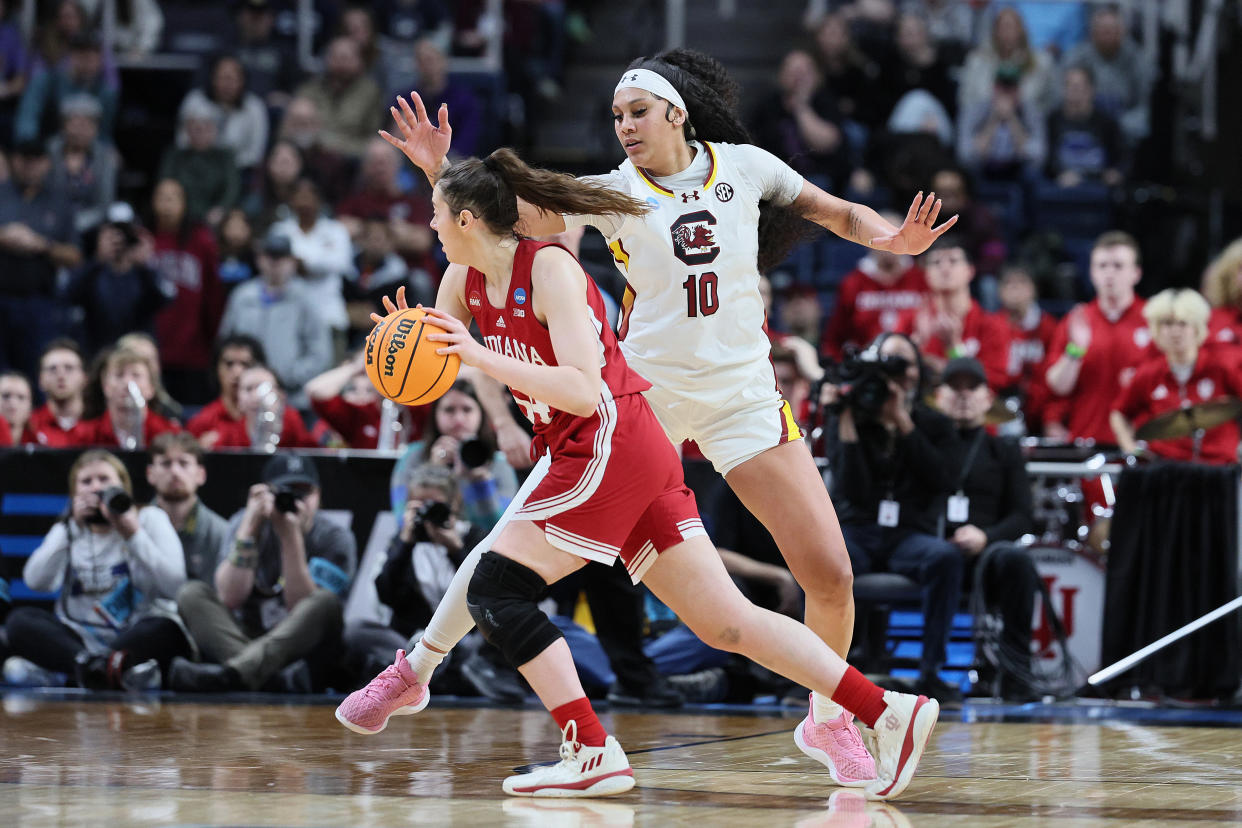 It took a full team effort for South Carolina to pull off a narrow win over Indiana on Friday, but Kamilla Cardoso (10) stood out among the rest. (Photo by Andy Lyons/Getty Images)