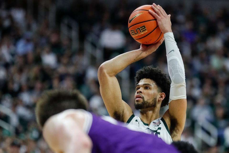 Michigan State forward Malik Hall (25) attempts a free throw against Northwestern during the second half at Breslin Center in East Lansing on Wednesday, March 6, 2024.