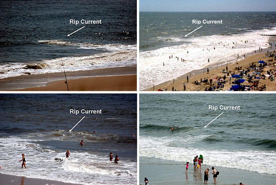 Signs that a rip current are present include a channel of churning, choppy water, a line of foam or seaweed moving seaward, an are with a notable difference of water color or a break in the oncoming waves.