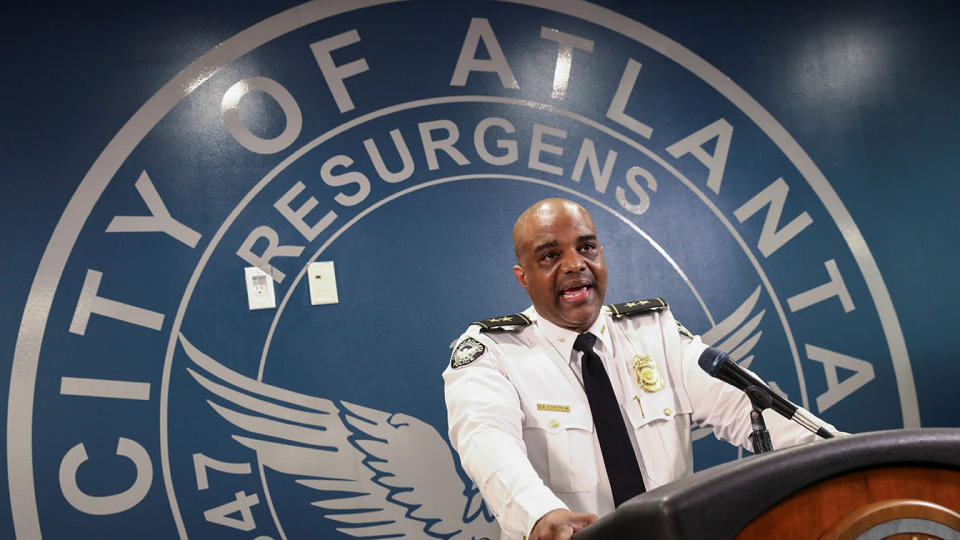 Deputy Chief Charles Hampton Jr. makes remarks during a news conference at Atlanta Police headquarters, after the fatal shooting at three Georgia spas, in Atlanta, Georgia, U.S., March 18, 2021. (Dustin Chambers/Reuters)