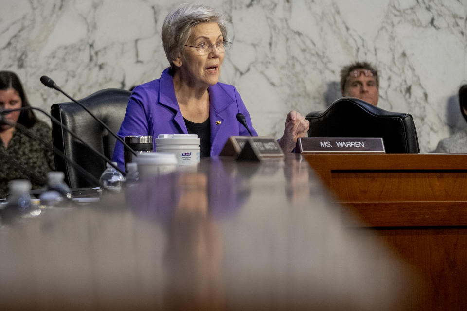 Sen. Elizabeth Warren, D-Mass., speaks as Federal Reserve Chairman Jerome Powell testifies during a Senate Banking Committee hearing on Capitol Hill in Washington, Tuesday, March 7, 2023. (AP Photo/Andrew Harnik)