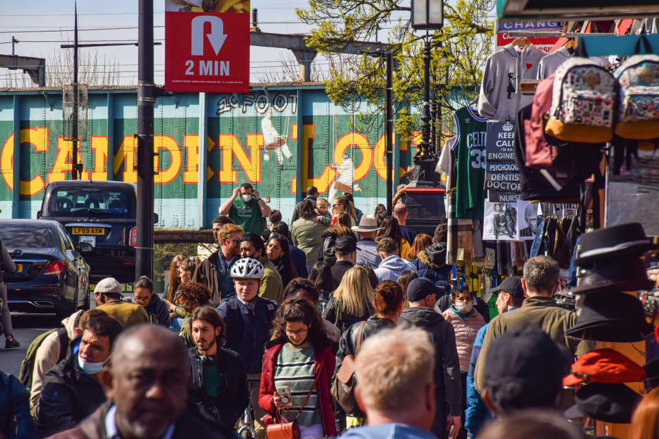 A crowded Camden high street: shoppers returned in force as COVID restrictions were relaxed in the UK. Photo: Vuk Valcic/SOPA/LightRocket via Getty Images