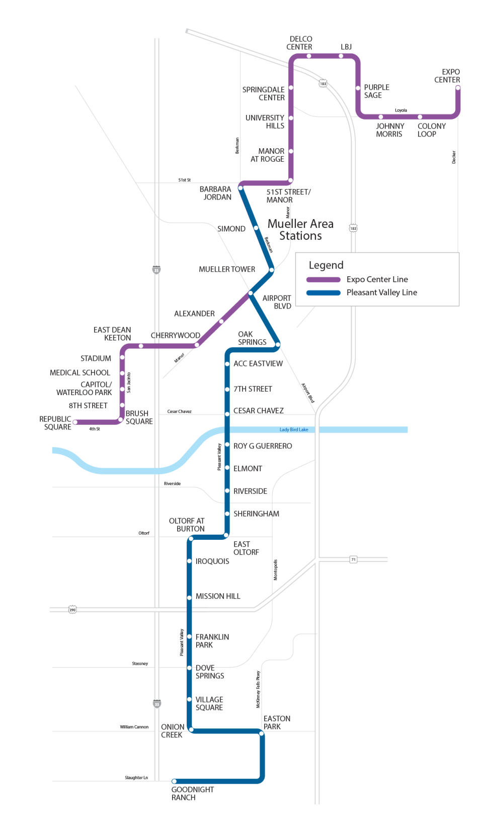 A map shows two proposed high frequency bus lines in East Austin — the Pleasant Valley MetroRapid and Expo Center MetroRapid — slated to come online 2025.