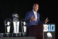 FILE - In this July 19, 2019, file photo, Penn State head coach James Franklin responds to a question during the Big Ten Conference NCAA college football media days, in Chicago. Big Ten is going to give fall football a shot after all. Less than five weeks after pushing football and other fall sports to spring in the name of player safety during the pandemic, the conference changed course Wednesday, Sept. 16, 2020, and said it plans to begin its season the weekend of Oct. 23-24.(AP Photo/Charles Rex Arbogast, File)