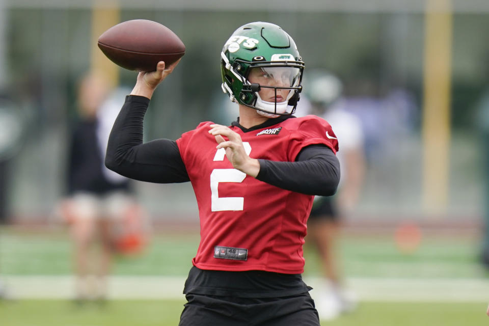 New York Jets' quarterback Zach Wilson participates in a drill at the NFL football team's training facility in Florham Park, N.J., Tuesday, May 24, 2022. (AP Photo/Seth Wenig)