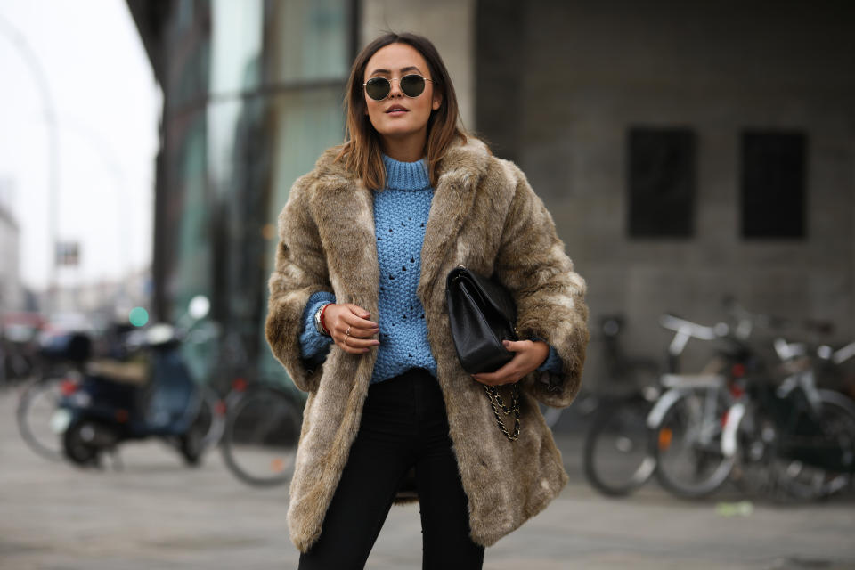 Laura Noltemeyer at Berlin Fashion Week wearing a faux fur coat on Dec. 12, 2019. (Photo: Jeremy Moeller via Getty Images)