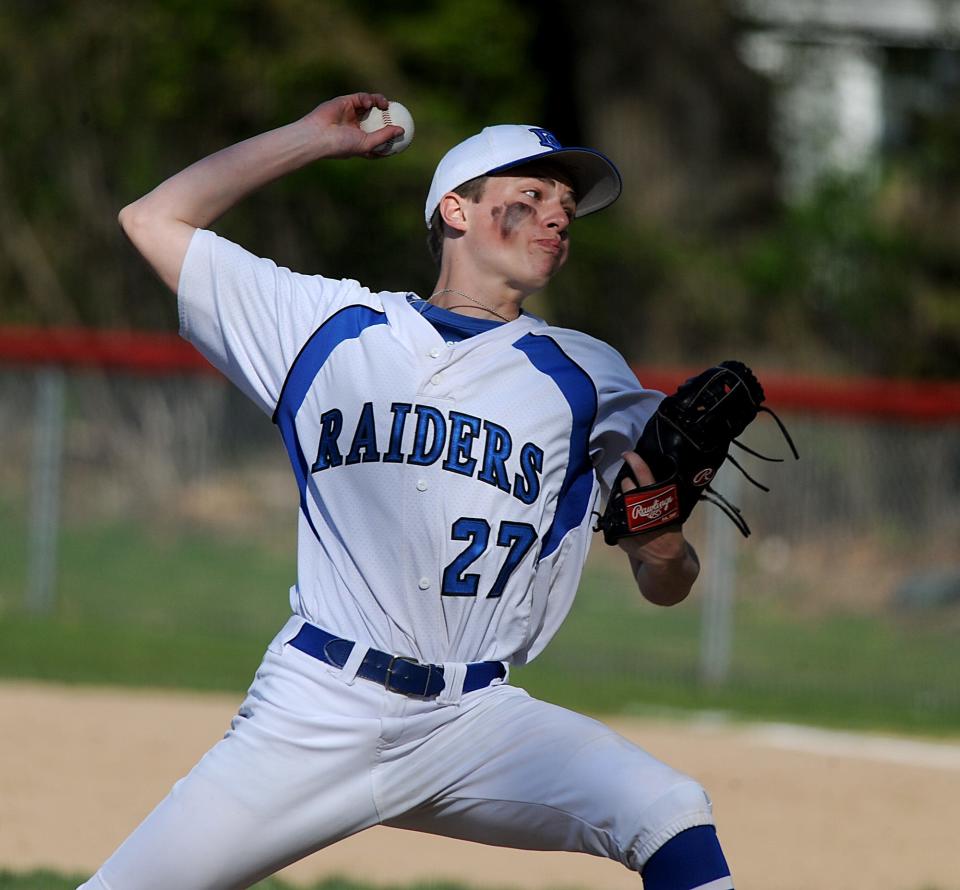 Dover-Sherborn High School pitcher Gavin Lynch throws at Holliston, May 11, 2022.