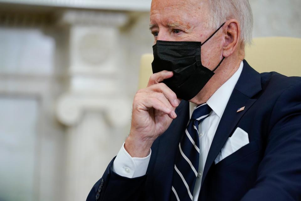 President Joe Biden listens as he meets with Israeli Prime Minister Naftali Bennett in the Oval Office of the White House, Friday, Aug. 27, 2021, in Washington. (AP Photo/Evan Vucci) ORG XMIT: DCEV426