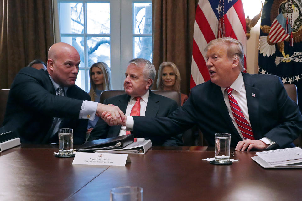 Donald Trump shakes hands with Matthew Whitaker during a Cabinet meeting on Feb. 12, 2019. (Photo: Chip Somodevilla via Getty Images)