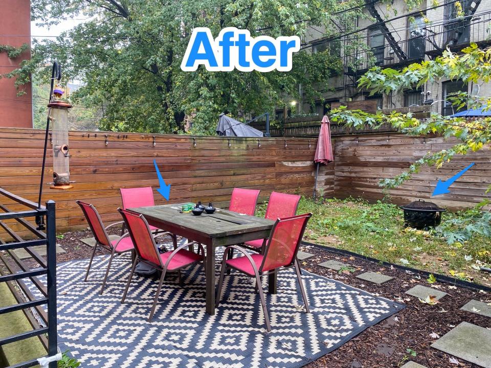 Blue text says "after" at the top of a photo of a fenced-in backyard with a wood table and six red chairs and a fire pit in the background