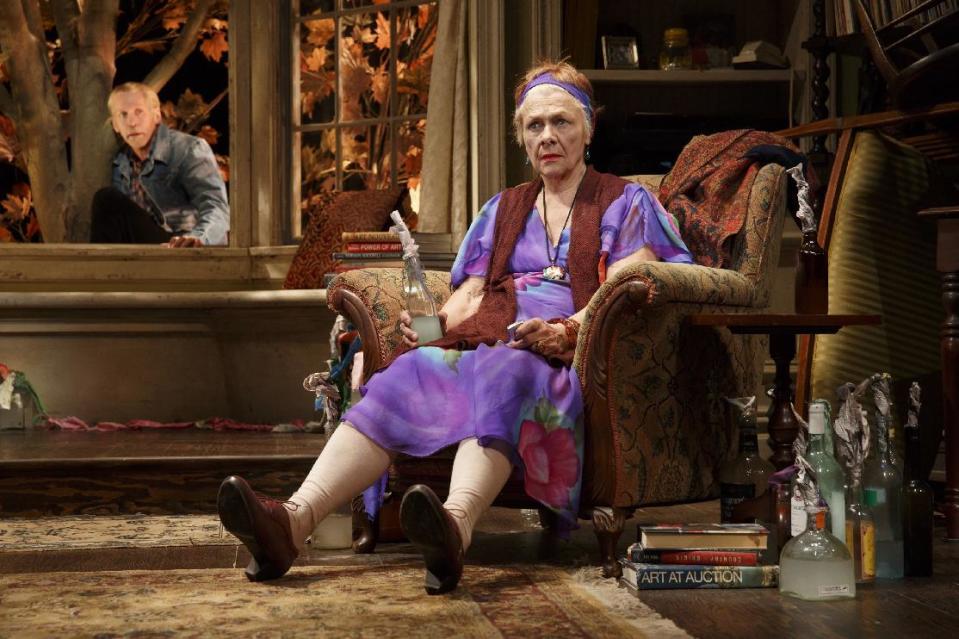 This image released by Polk & Co., shows Estelle Parsons, right, and Stephen Spinella during a performance of "The Velocity of Autumn," at the Booth Theatre in New York. (AP Photo/Polk & Co., Joan Marcus)