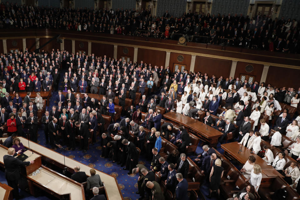 Female lawmakers dressed in suffragette white at the 2019 State of the Union Address. | Aaron P. Bernstein—Bloomberg/Getty Images: