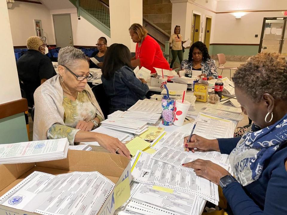 An election resolution board counts absentee ballots on Nov. 8, 2023, at the Hinds County Courthouse in Jackson.