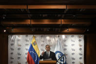 Venezuela's Attorney General Tarek William Saab gives a press conference regarding what the government calls a failed attack over the weekend aimed at overthrowing President Nicolás Maduro in Caracas, Venezuela, Friday, May 8, 2020. (AP Photo/Matias Delacroix)