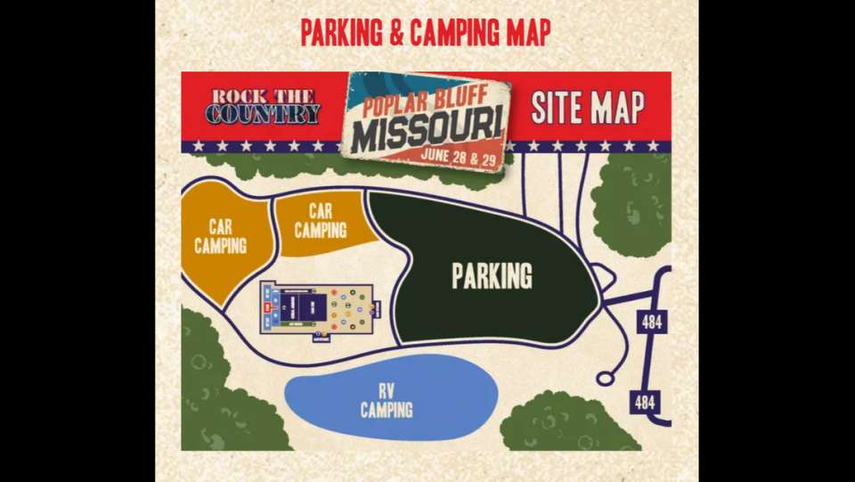 The parking map for Rock the Country, a music festival coming to Poplar Bluff, Missouri June 28-29, 2024. Spots are dedicated to campers who decide to pitch a tent or bring an RV for the festival.