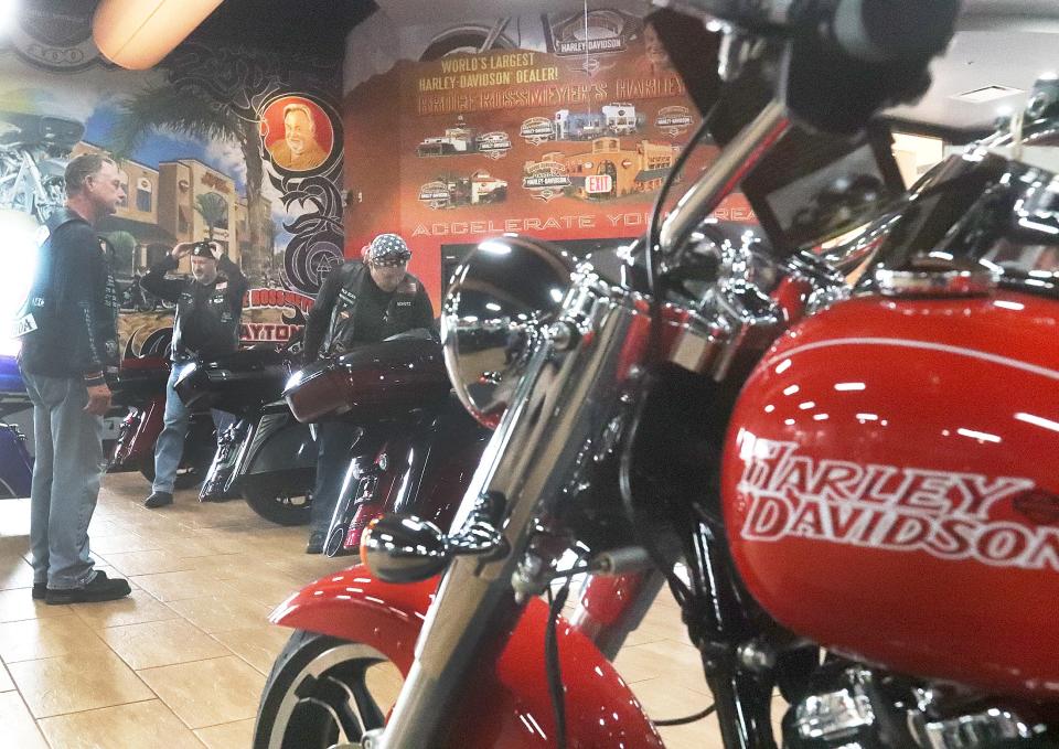 Bikers check out the new rides at Bruce Rossmeyer's Daytona Harley-Davidson at Destination Daytona in Ormond Beach. Destination Daytona will be hosting a full slate of bands, vendors and ride demos during Biketoberfest, which opens Oct. 13.