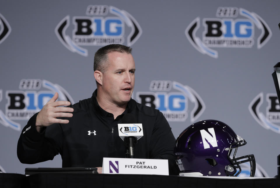 Northwestern head coach Pat Fitzgerald said “it does not make me happy” that his team’s game against Ohio State is on a Friday night in 2019. (AP)