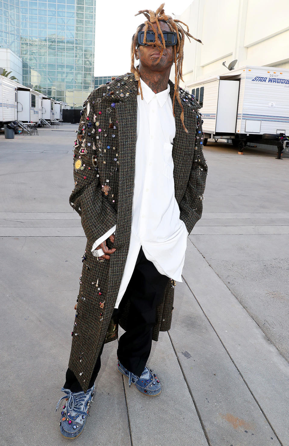 Lil Wayne Opts for an Embellished Coat & Shoes