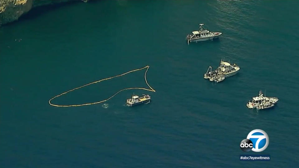 This image made from video provided by KABC-TV shows the outlined search area where divers are searching the wreckage of the sunken dive boat Conception, Tuesday, Sept. 3, 2019, after it burned and sank Sunday, off Santa Cruz Island in Southern California's Channel Islands. (Photo: KABC-TV via AP)