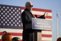Democratic presidential candidate former Vice President Joe Biden speaks during a campaign rally at the Minnesota State Fairgrounds in St. Paul, Minn., Friday, Oct. 30, 2020. (AP Photo/Andrew Harnik)