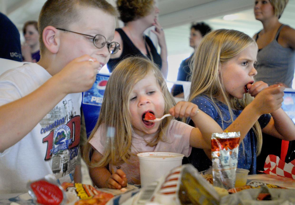 From left, Holden, 8, Alison, 3, and Grace Nieukirk, 7, all of Pekin, dig into a shared strawberry shortcake ice cream during the Tremont Turkey Festival on Friday.