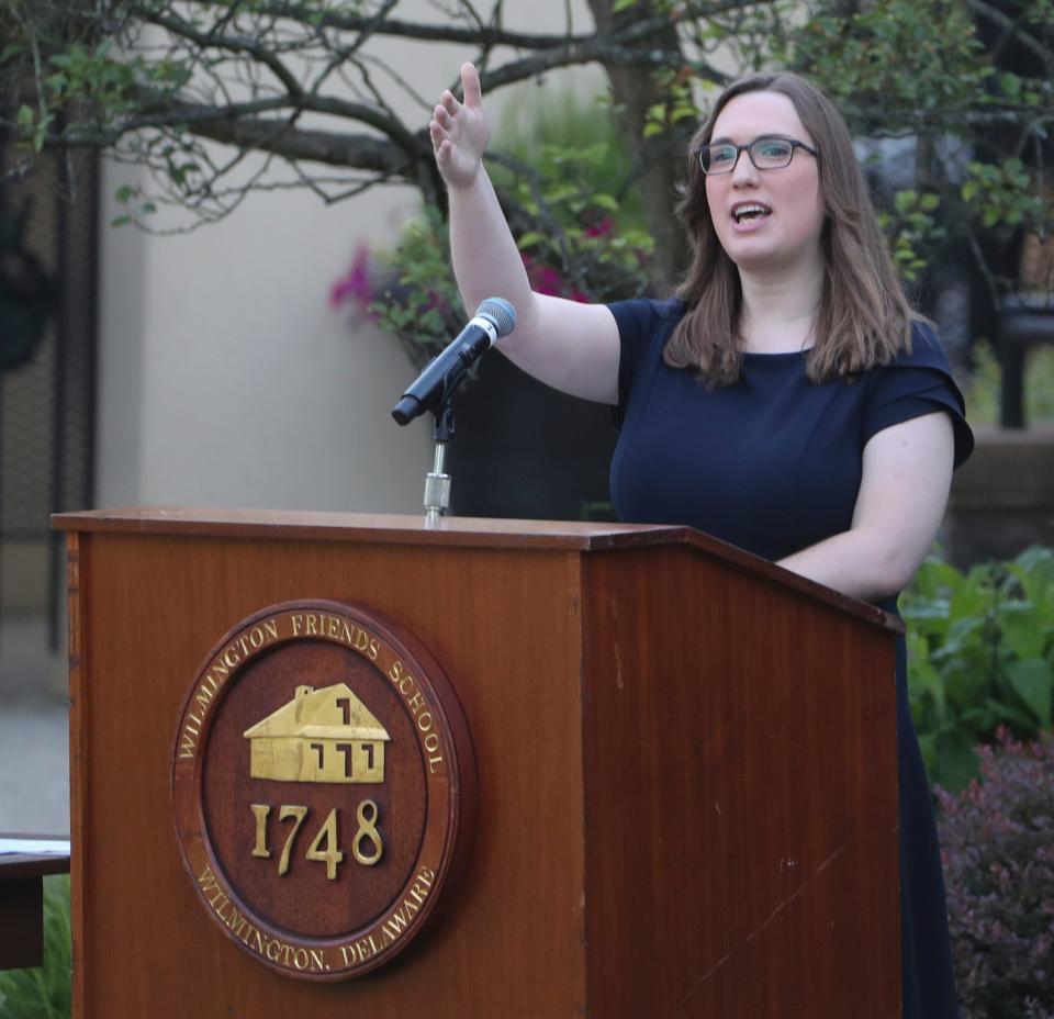 State Senator Sarah McBride delivers the address to graduates as Wilmington Friends School hosts commencement for 66 graduates Saturday, June 5, 2021 at the Alapocas school.