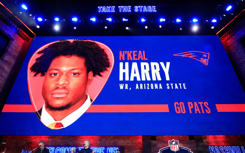 NASHVILLE, TENNESSEE - APRIL 25:  A video board displays an image of N'keal Harry of Arizona State after he was chosen #32 overall by the New England Patriots during the first round of the 2019 NFL Draft on April 25, 2019 in Nashville, Tennessee. (Photo by Andy Lyons/Getty Images)