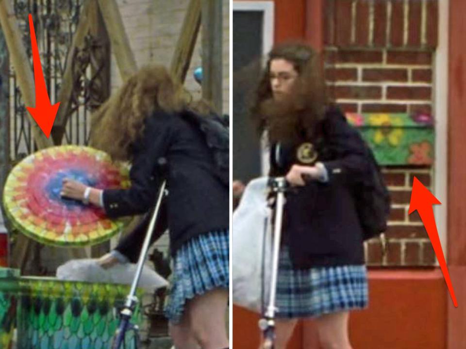 Mia's mailbox and trash can decorated with bright colors in "The Princess Diaries."