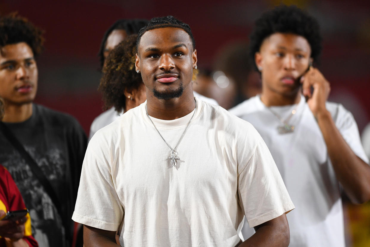 Bronny James, seen here at USC's football game against San Jose State last weekend, is back in classes after undergoing cardiac arrest during a workout last month.