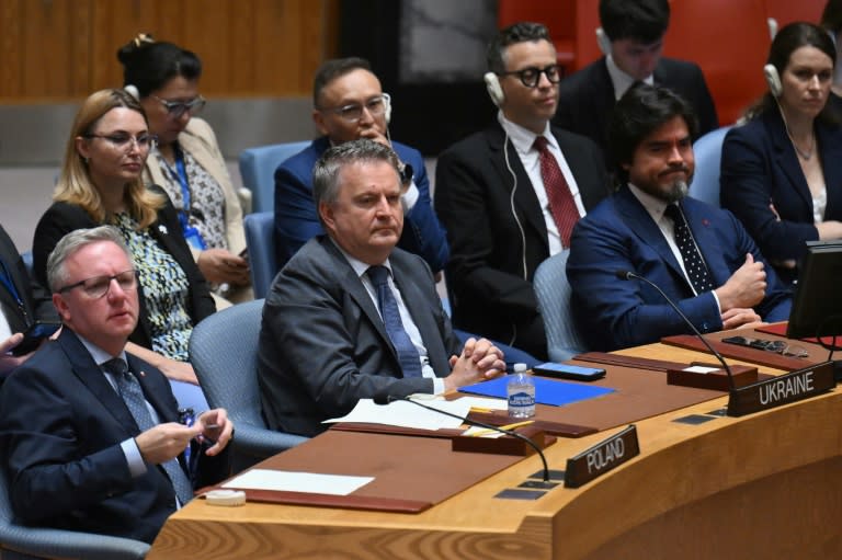 Ukrainian Ambassador to the UN Sergiy Kyslytsya (C) listens during an emergency meeting of the UN Security Council on July 9, 2024 (ANGELA WEISS)