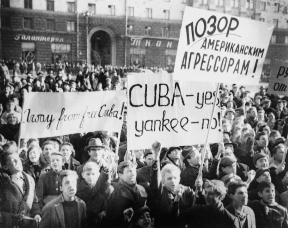 <div class="inline-image__caption"><p>Muscovites yell and shout as they demonstrate near the U.S. Embassy in protest against the U.S. blockade of Cuba.</p></div> <div class="inline-image__credit">VCG Wilson/Bettmann Archive/Getty</div>