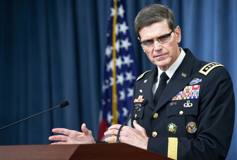 General Joseph L. Votel, commander, US Central Command, briefs the media at the Pentagon, in Washington, DC, on April 29, 2016