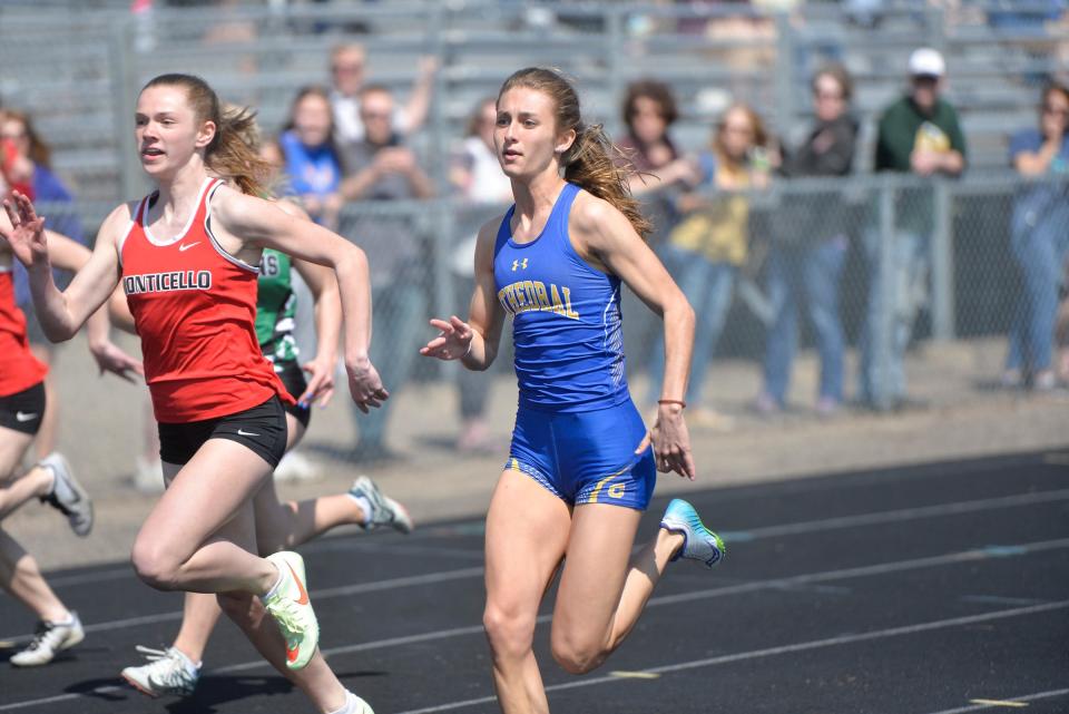 Cathedral's Hope Schueller finishes first in the 100-meter dash at the Mega Meet on Saturday, May 7, 2022, at Sauk Rapids-Rice Middle School. 