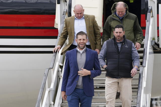 Eric Trump arriving arrives at Aberdeen International Airport, in Dyce, Aberdeen, with his father former US president Donald Trump (not in picture) ahead of his visit to the Trump International Golf Links Aberdeen, in Dyce, Aberdeen, Scotland, Monday May 1, 2023. (Jane Barlow/PA via AP)