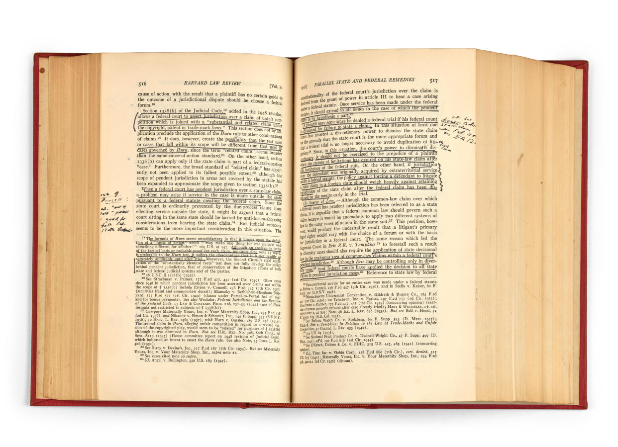 Ruth Bader Ginsburg's annotated copy of the 1957-58 Harvard Law Review. (Bonhams)