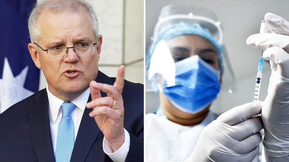 Scott Morrison, pictured here announcing the planned rollout for the Pfizer vaccine in Australia.