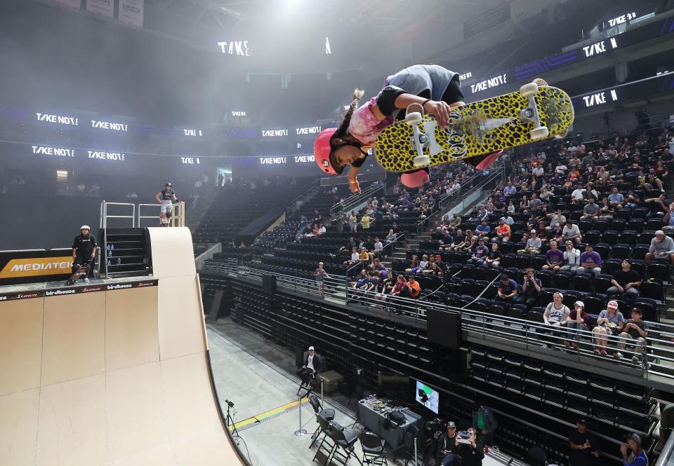 Skaters practice for Vert Alert during the Utah Jazz draft fan event in Salt Lake City on Thursday, June 22, 2023 during the NBA draft. | Jeffrey D. Allred, Deseret News