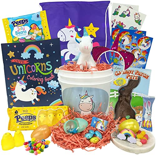 Unicorn Easter Gift Basket For Kids, Boys, Girls - Filled with Easter Eggs, Candy, Chocolate - Great Easter Care Package for Family and Friends