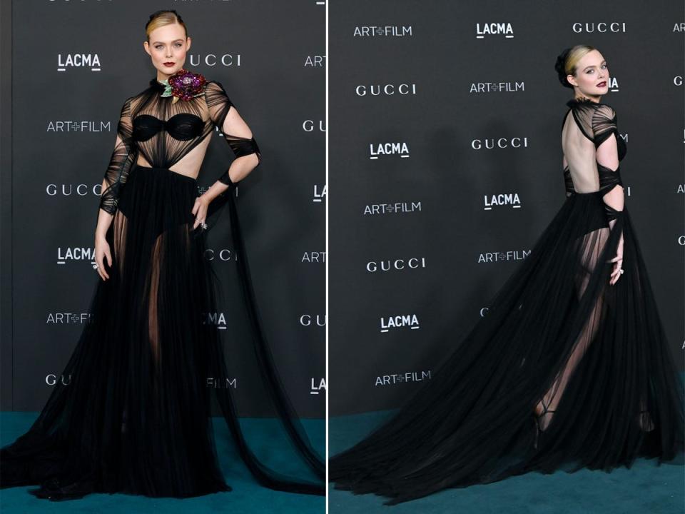 A front and back shot of Elle Fanning wearing a sheer black dress.