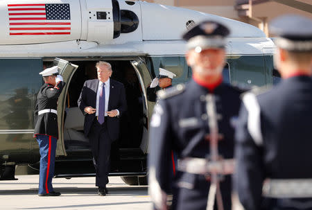 U.S. President Donald Trump arrives on Marine One at Osan Air Base, South Korea, as he prepares to depart for Beijing, November 8, 2017. REUTERS/Jonathan Ernst