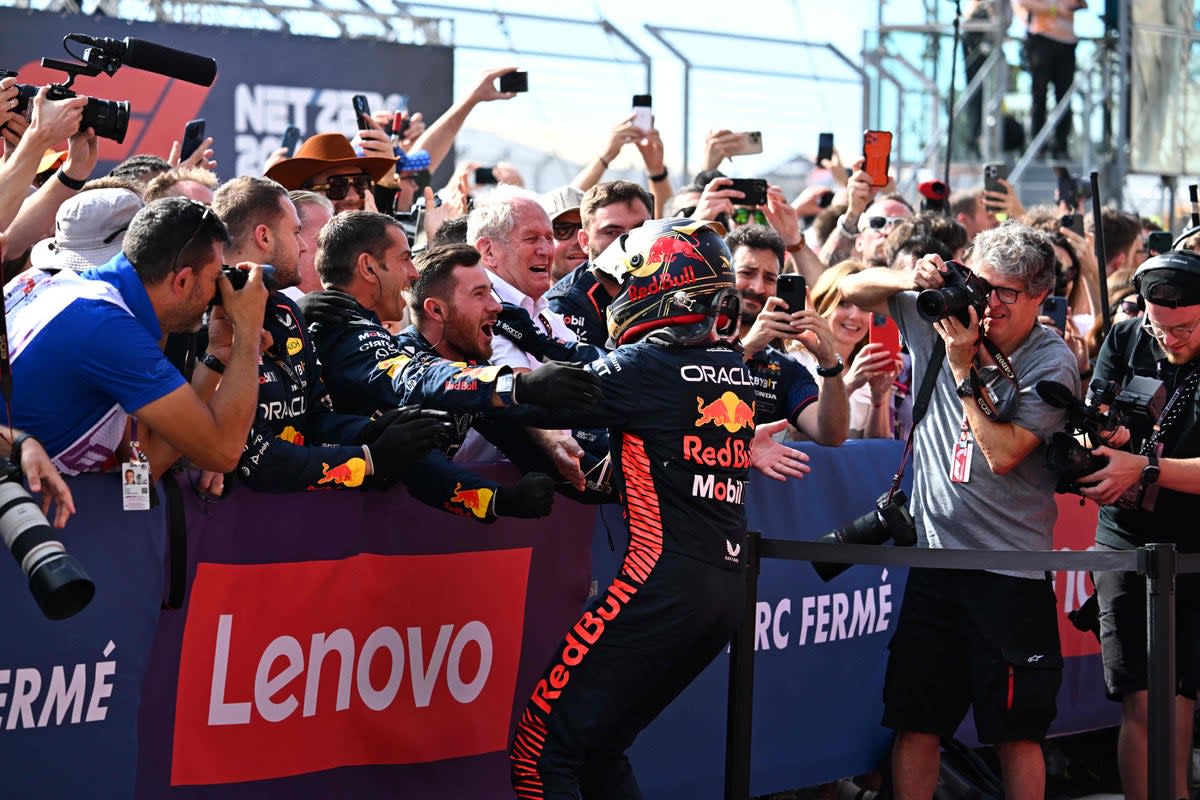 Celebration: It wasn't easy for Verstappen - but he got the job done (AFP)