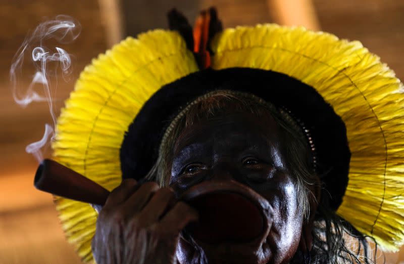 Indigenous leader Cacique Raoni of Kayapo tribe is pictured during a four-day pow wow in Piaracu village near Sao Jose do Xingu