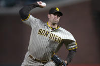 San Diego Padres pitcher Craig Stammen delivers to a San Francisco Giants batter during the sixth inning of a baseball game Friday, May 7, 2021, in San Francisco. (AP Photo/D. Ross Cameron)