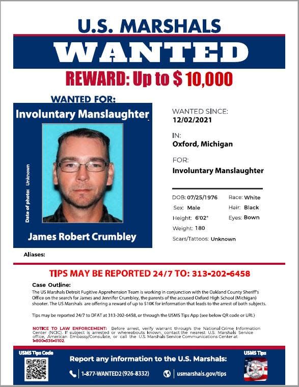 Wanted poster for James Crumbley, the father of Ethan Crumbley, the 15-year-old student who is accused of the Oxford High School shooting that killed four fellow students and injured seven others.