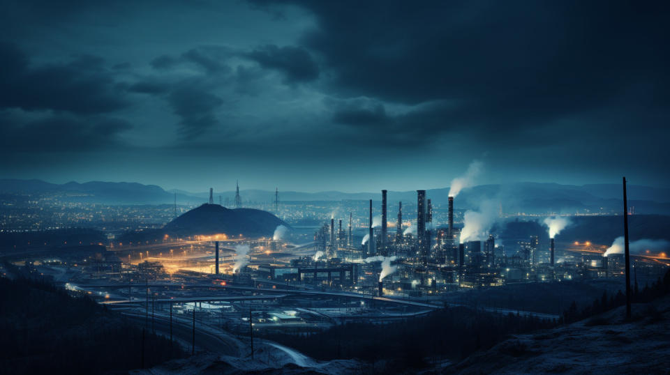 A view of industrial facilities illuminated by the night sky, hinting at the manufacturing capabilities of the coking coal company.